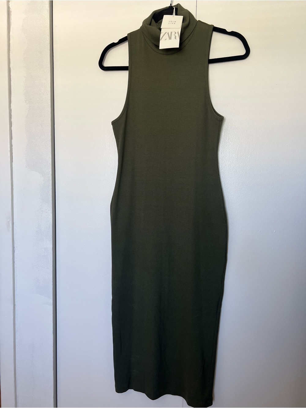 Zara Olive Sleeveless High-Neck Midi Dress